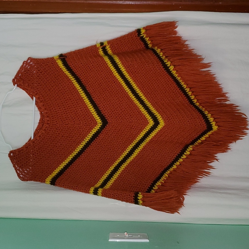 Vintage 70 Handmade Crochet Fall Striped Poncho